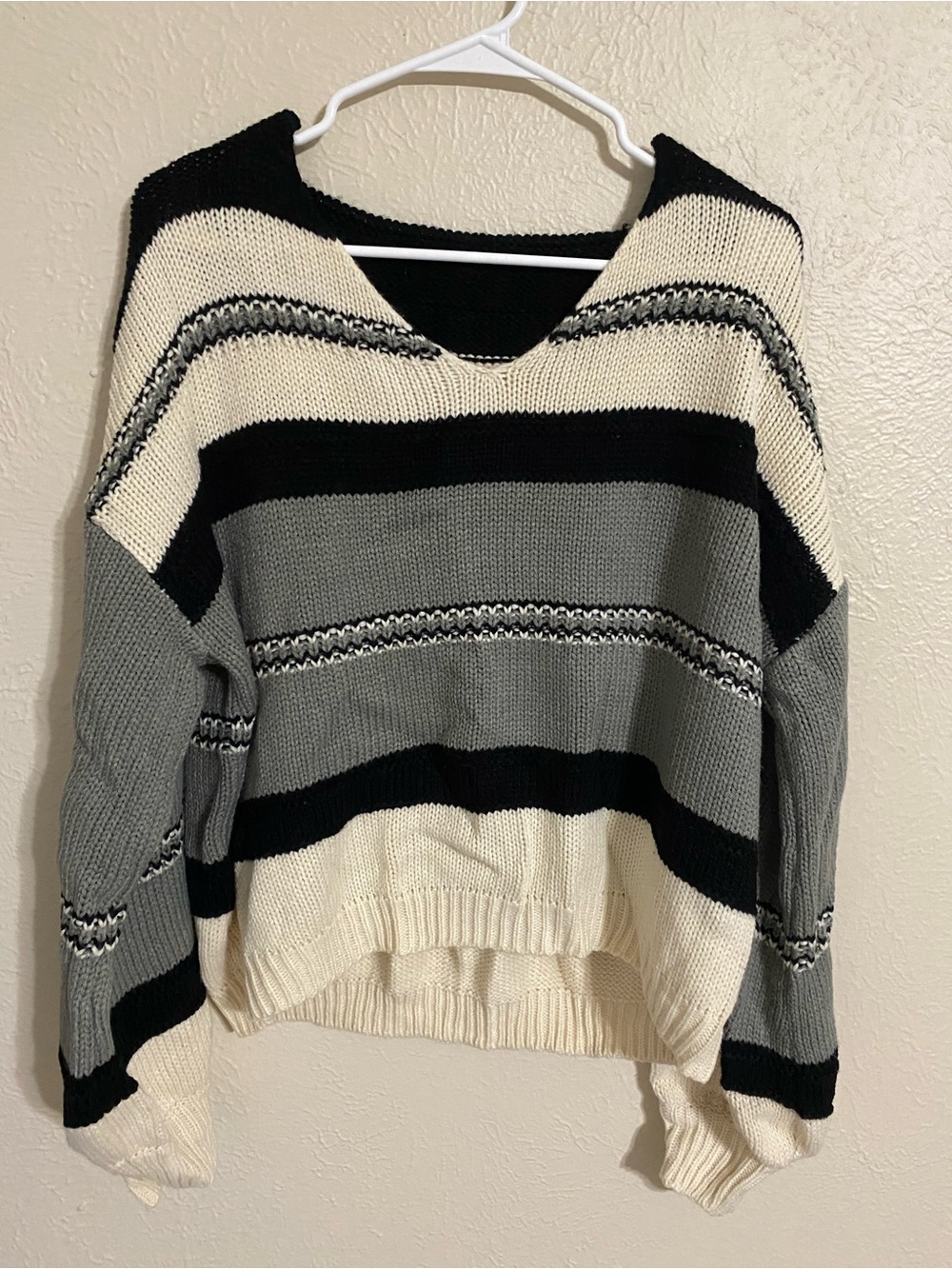 SHEIN Black, Gray & Cream Striped V-Neck Sweater